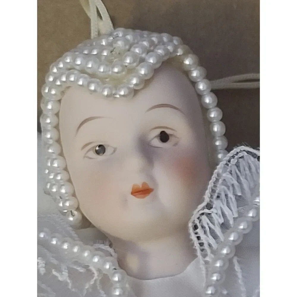 Victorian Porcelain Angel Vintage Ornament White Beaded Point, Lace and Feathers